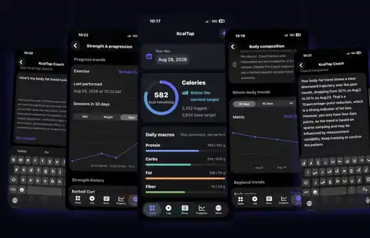 Actual KcalTap dark-mode iPhone screens showing calories and macros, strength progression, body composition, and KcalTap Coach